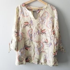 J Jill Love Linen Floral Paisley Print Top Tie Sleeve Medium